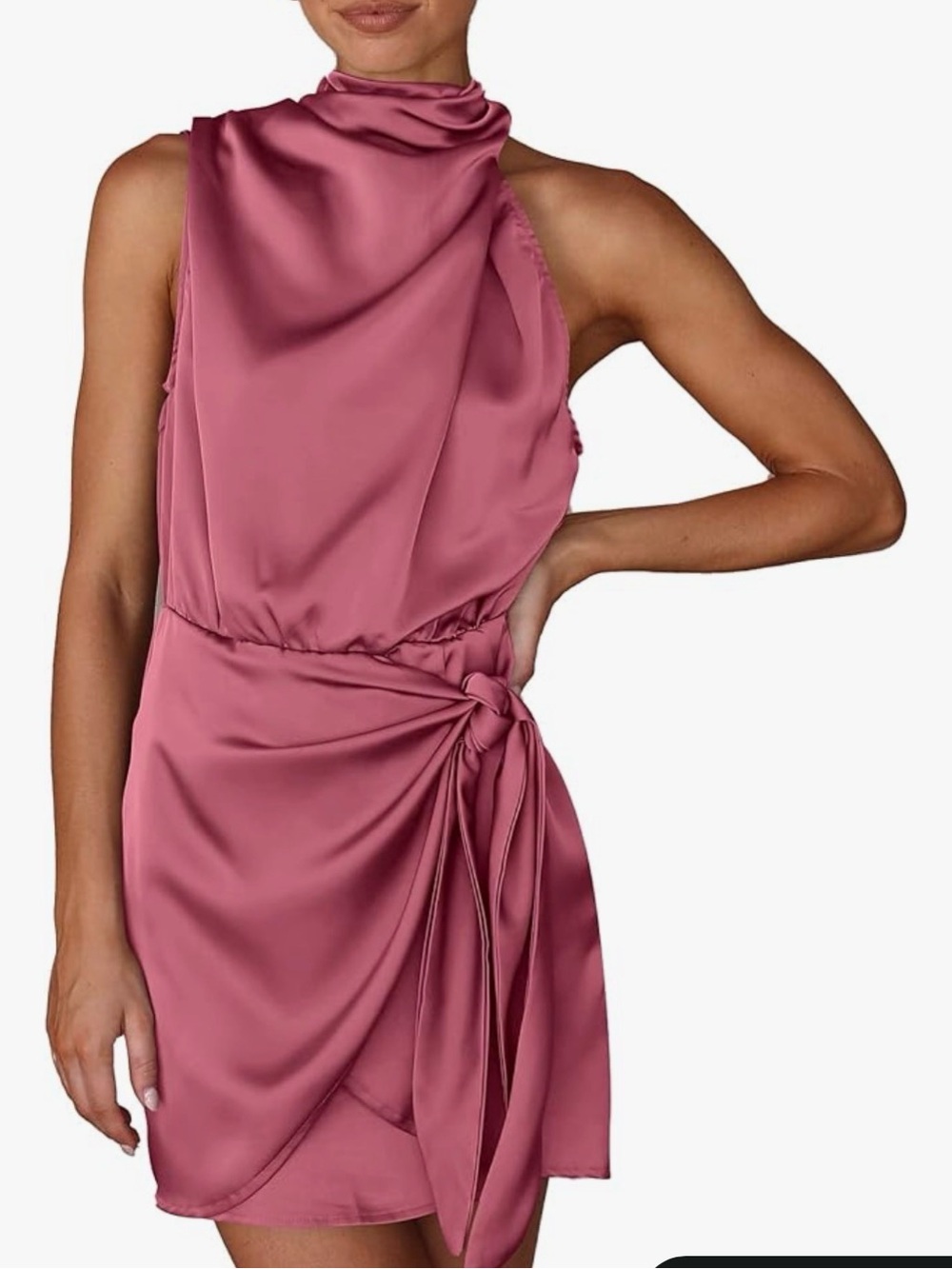 High-Neck Satin Tie-Waist Mini Dress in Rose- perfect wedding guest dress.